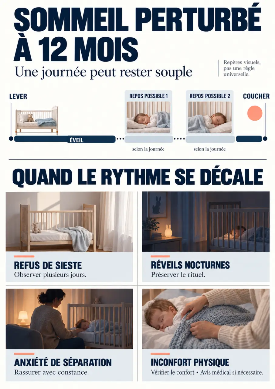 Infographie sur le sommeil bébé 12 mois perturbé : rythme de la journée, siestes, réveils nocturnes et pistes d’observation