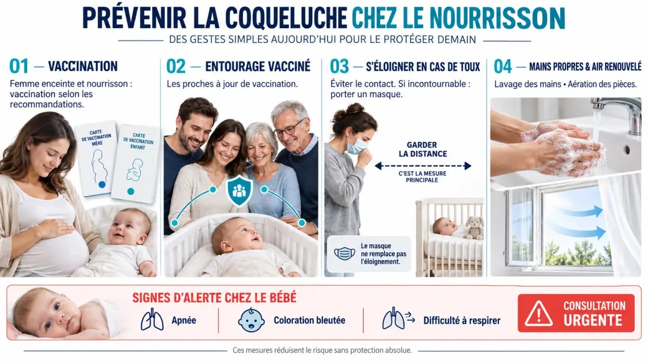 Comment prévenir la transmission de la coqueluche chez le nourrisson : vaccination, gestes barrières et signes d’alerte