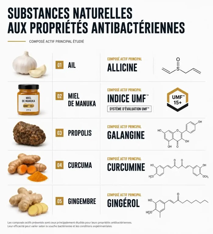 Antibiotiques naturels : ail, miel de Manuka, propolis et curcuma et leurs composés actifs