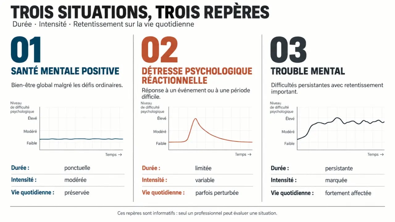 Infographie pour comprendre la santé mentale def et distinguer bien-être, détresse psychologique et trouble mental