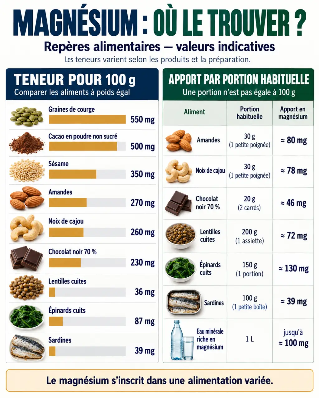 Dans quels aliments trouve t on le magnésium : principales sources et teneurs par portion
