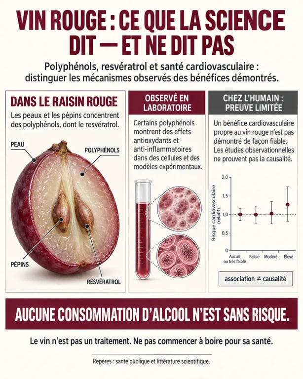 Infographie scientifique sur les bienfaits du vin rouge, les polyphénols et les limites du resvératrol
