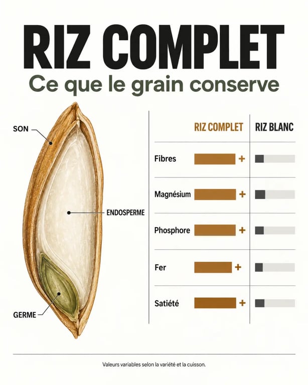 Infographie sur les bienfaits du riz complet, les parties du grain et ses différences nutritionnelles avec le riz blanc