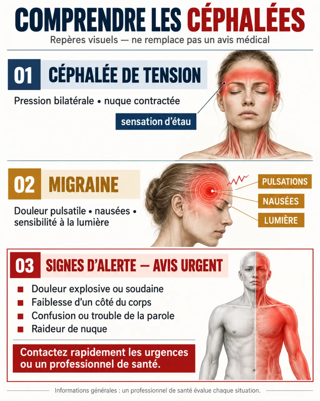 Remède mal de tête grand mère : schéma pour distinguer céphalée de tension, migraine et signes d’alerte