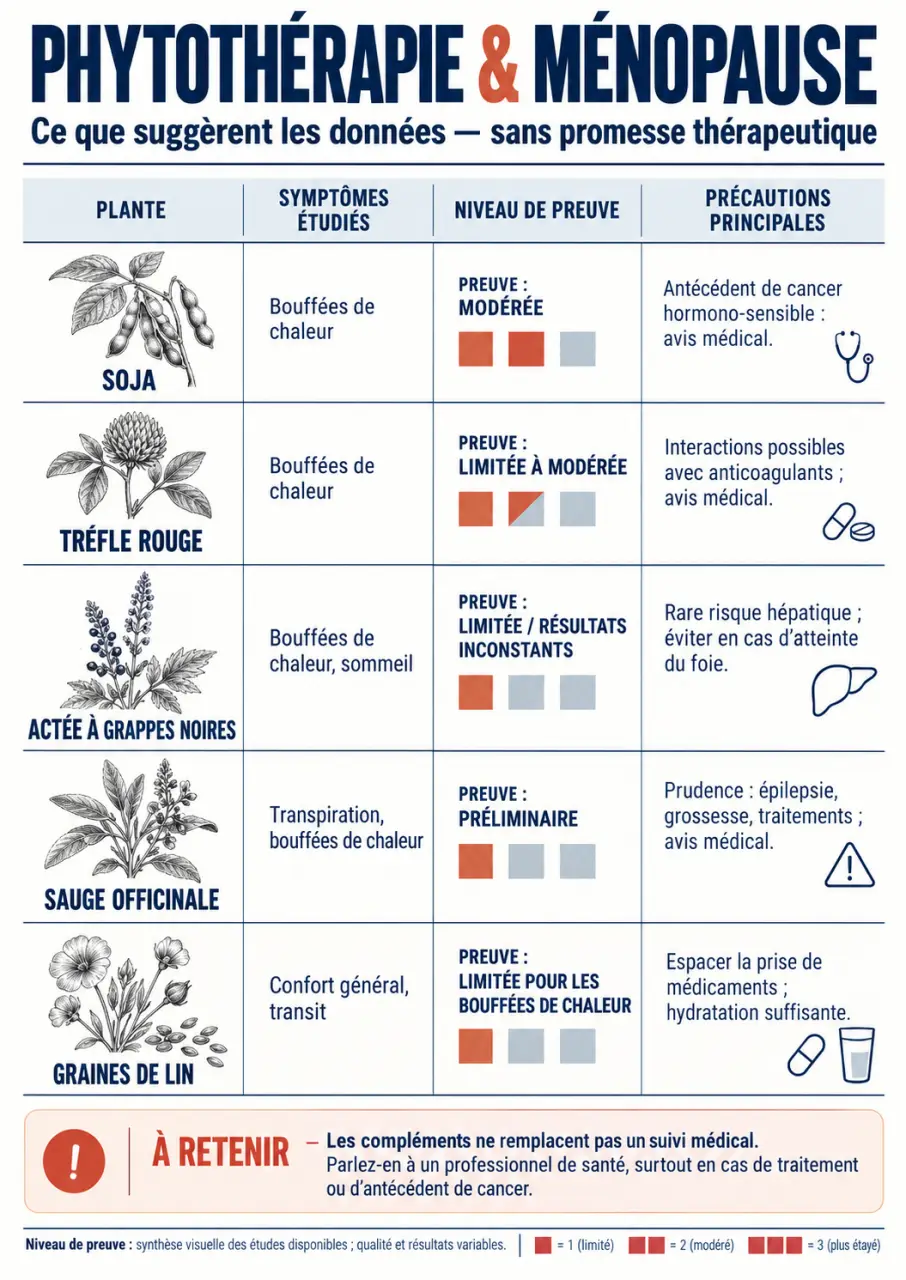 Infographie sur la phytothérapie ménopause : plantes, symptômes ciblés, niveau de preuve et précautions