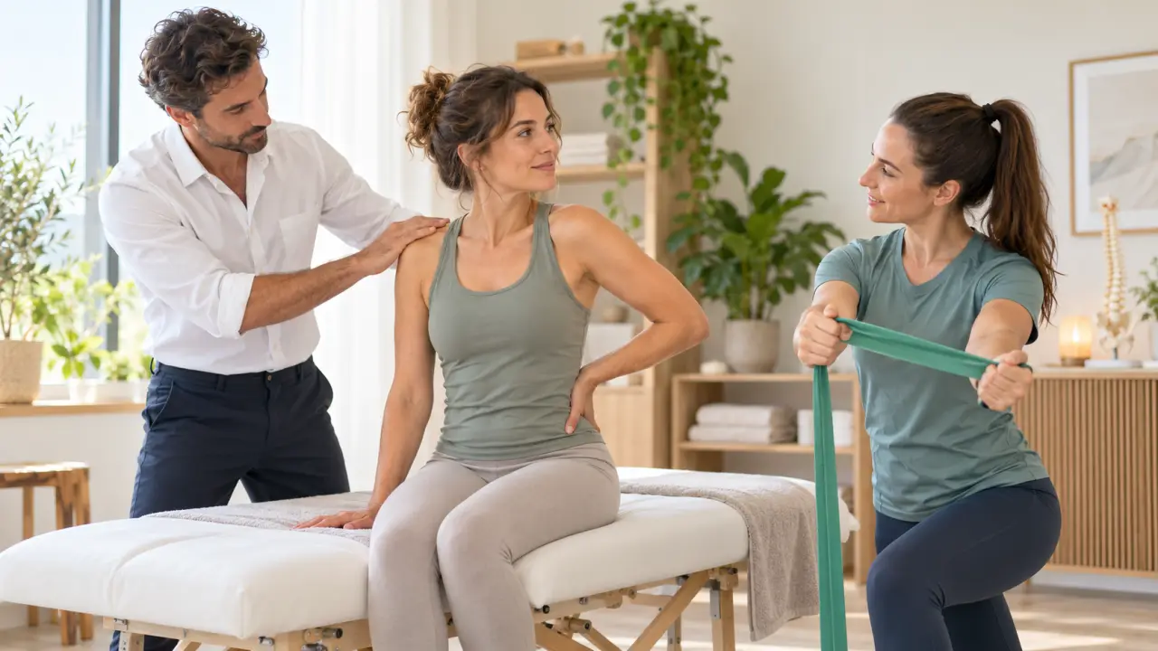 Professionnel de santé accompagnant une personne pour soulager une douleur musculaire