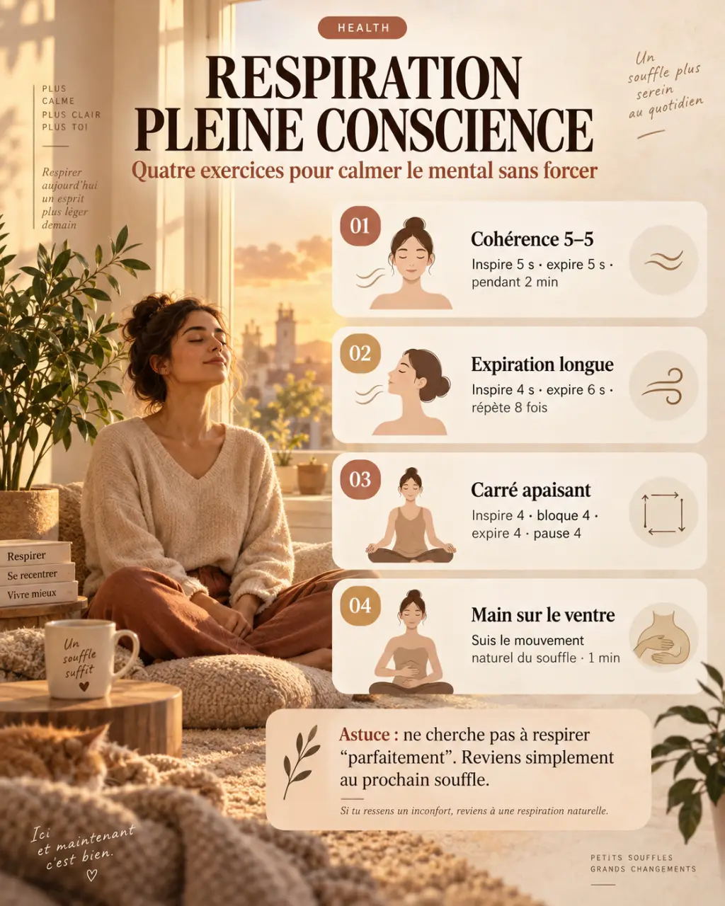 Respiration pleine conscience : quatre exercices pour calmer le mental sans forcer