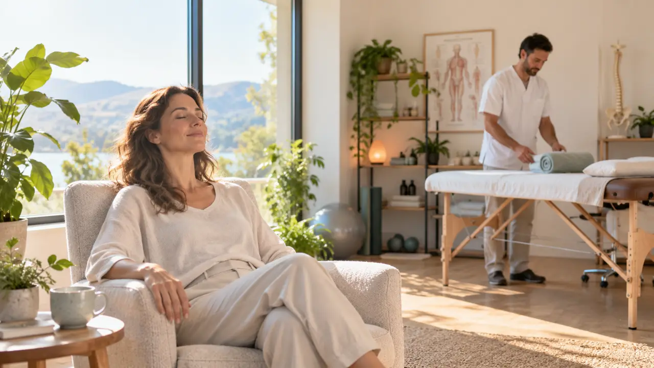 Personne apaisée dans un espace lumineux de soins et de récupération