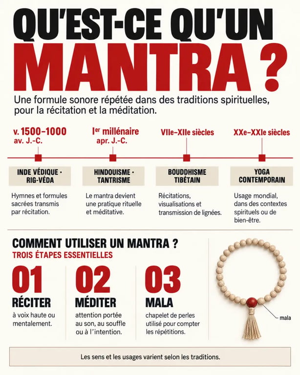 Infographie expliquant qu'est-ce qu'un mantra et son évolution des traditions védiques au yoga contemporain