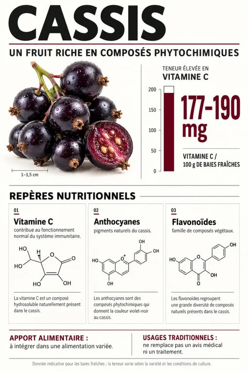 Bienfaits du cassis, vitamine C, anthocyanes et flavonoïdes des baies fraîches