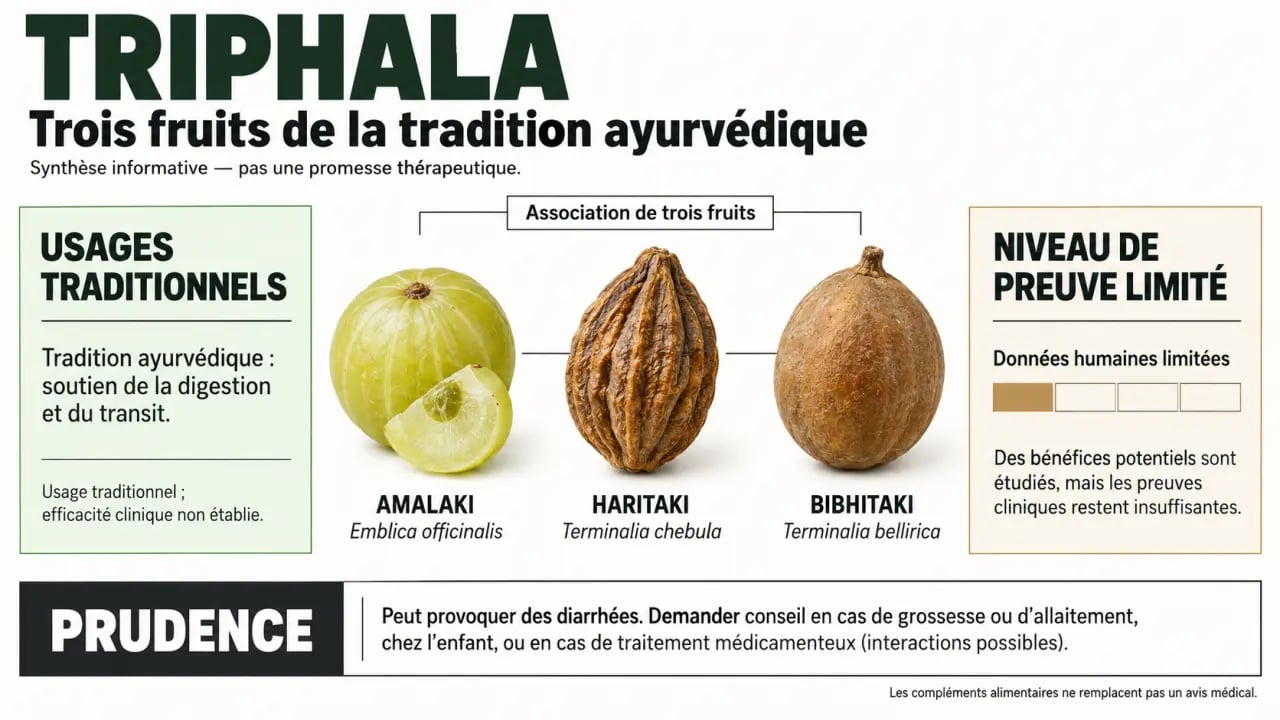 Infographie sur les triphala bienfaits et précautions, composition des trois fruits, usages traditionnels et risques d'emploi