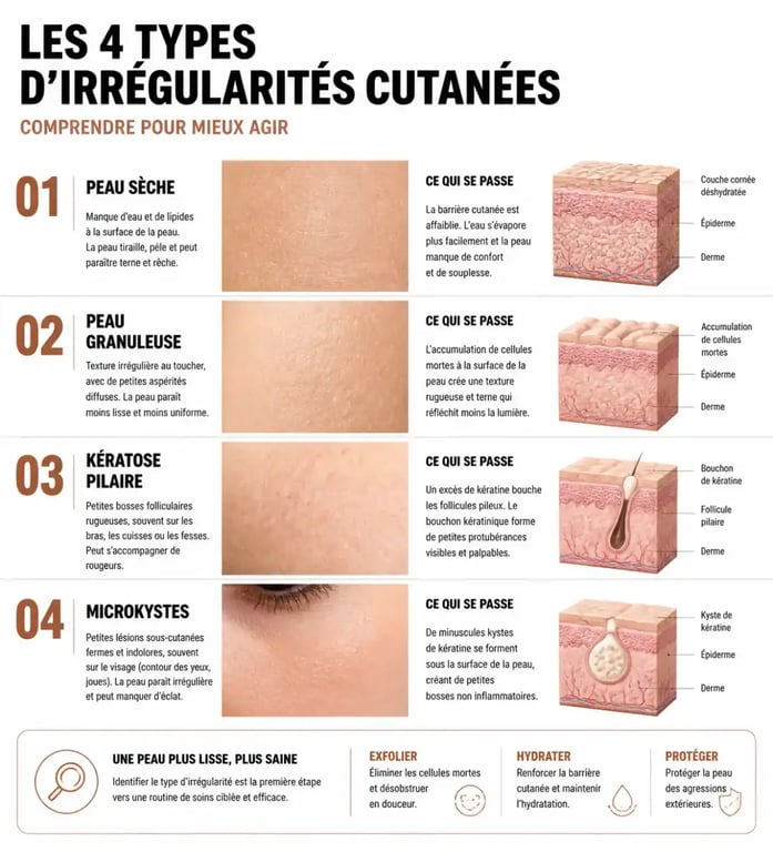 Infographie comparative des types de peau granuleuse et irrégularités du visage