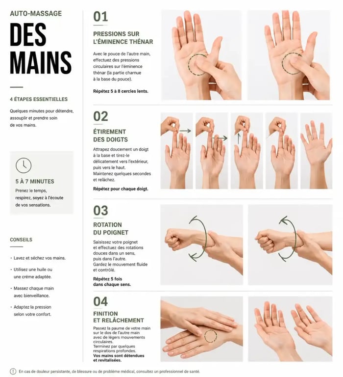 Guide visuel du protocole d'auto-massage des mains