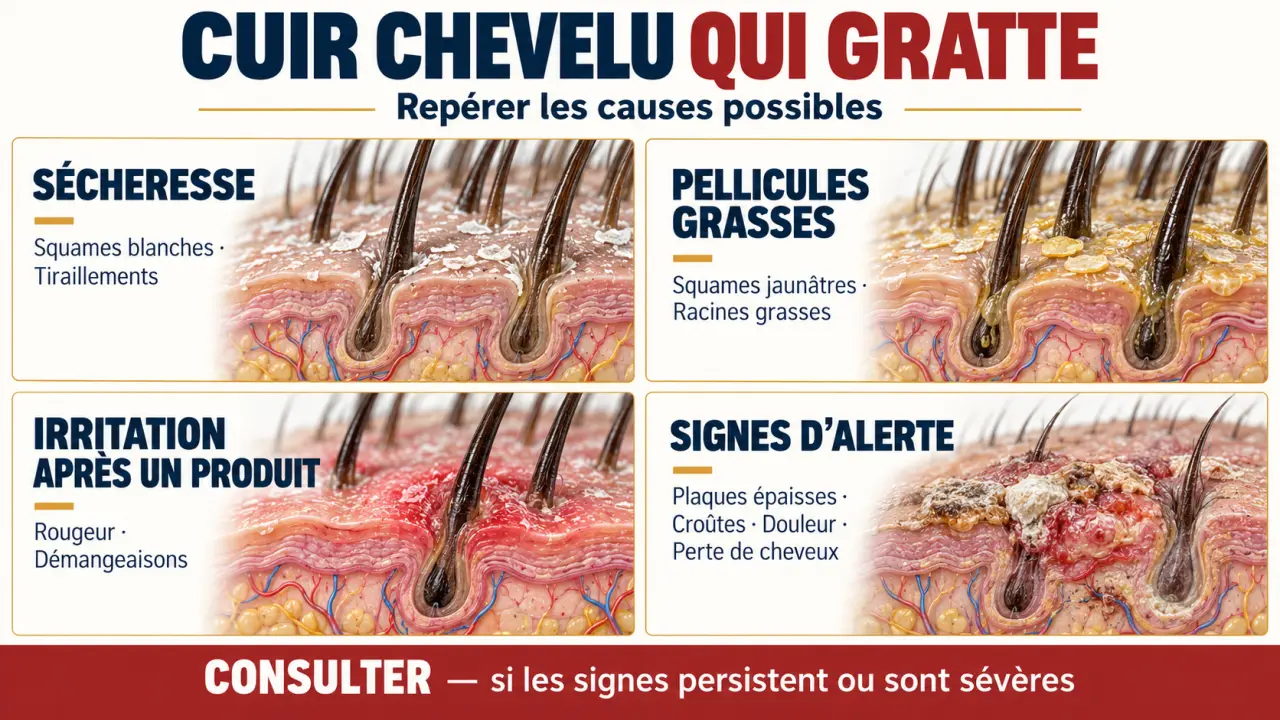 Infographie sur le cuir chevelu qui gratte : sécheresse, pellicules, irritation et signes d’alerte
