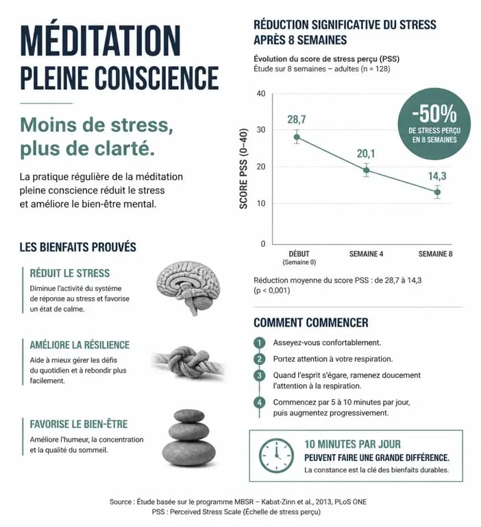 Infographie sur les bienfaits de la méditation pleine conscience youtube pour réduire le stress