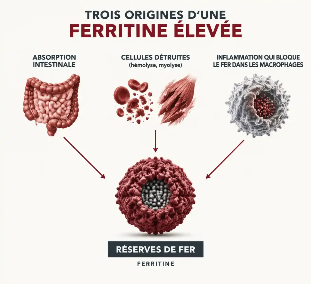 Schéma expliquant pourquoi la ferritine augmente et comment faire baisser la ferritine selon la cause : absorption, lyse cellulaire ou inflammation