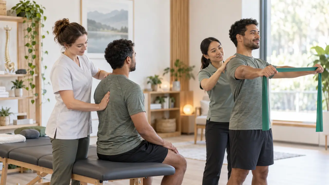 Patient accompagné par un professionnel lors d'une séance de soin manuel