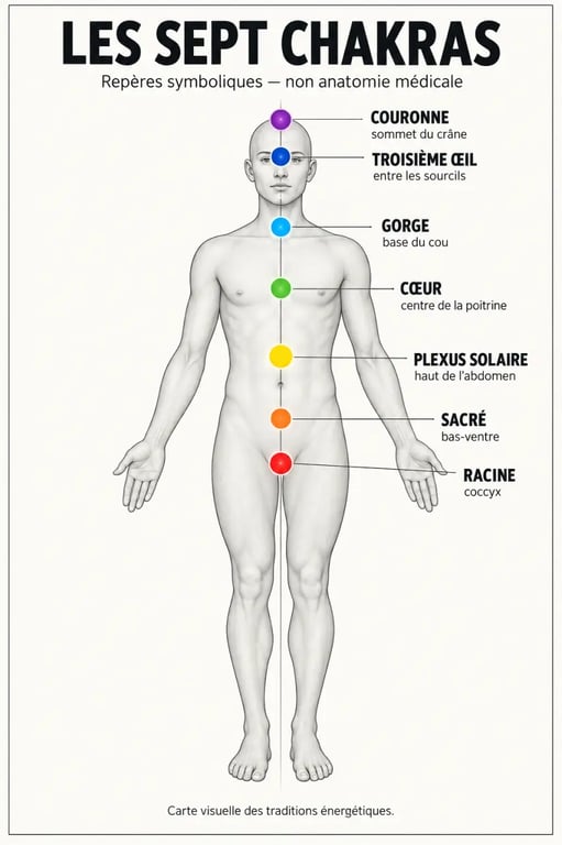 Infographie des 7 chakras et leurs rôles, de la racine à la couronne