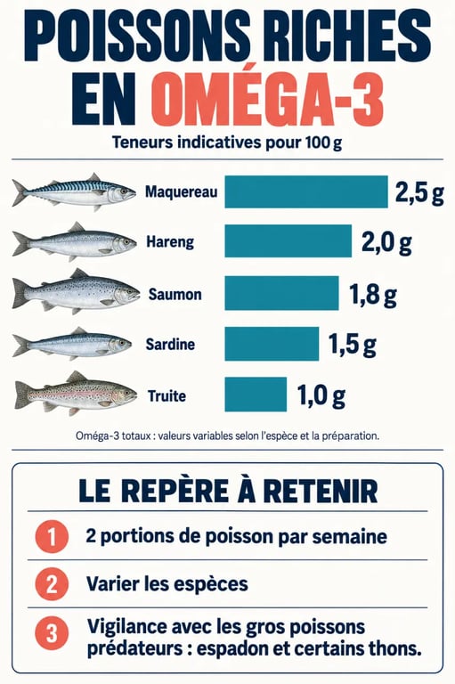 Infographie sur les poissons riches en oméga-3 et les espèces à privilégier