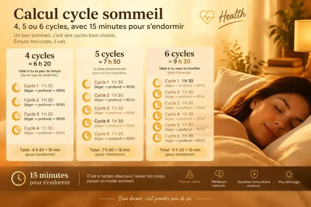 Calcul cycle sommeil : 4, 5 ou 6 cycles, avec 15 minutes pour s’endormir